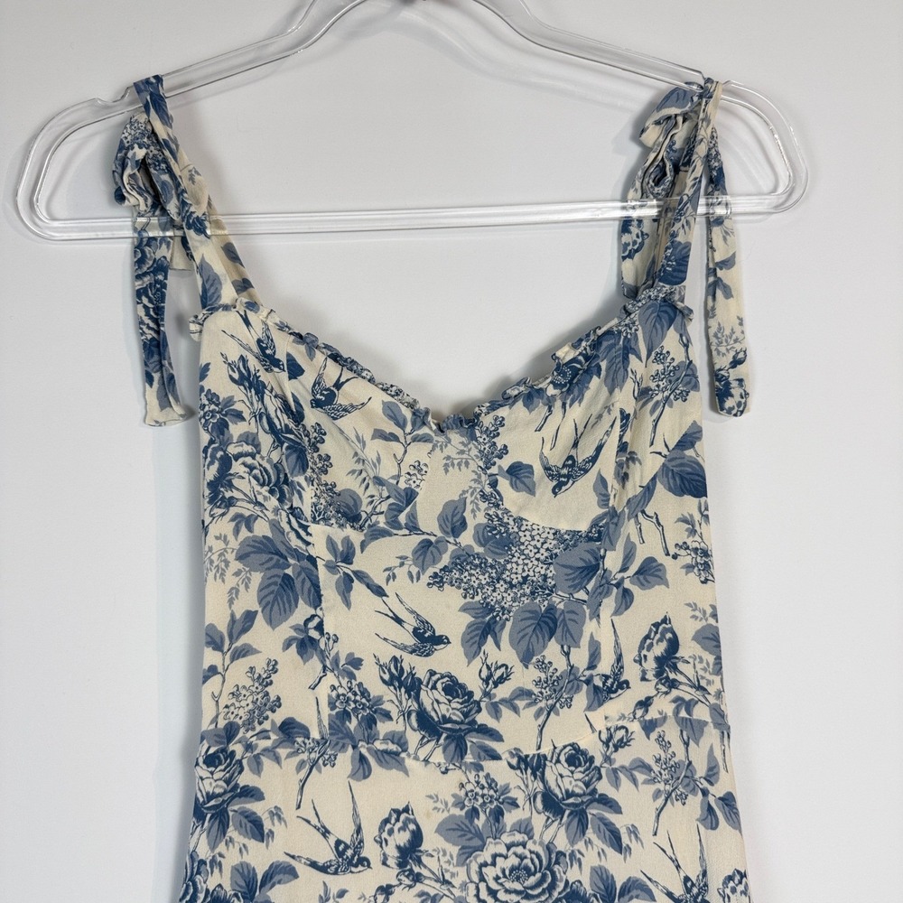 Reformation Juliette Dress Womens 6 Blue Wite Floral Bird Midi Tie Strap Smocked - Picture 4 of 14